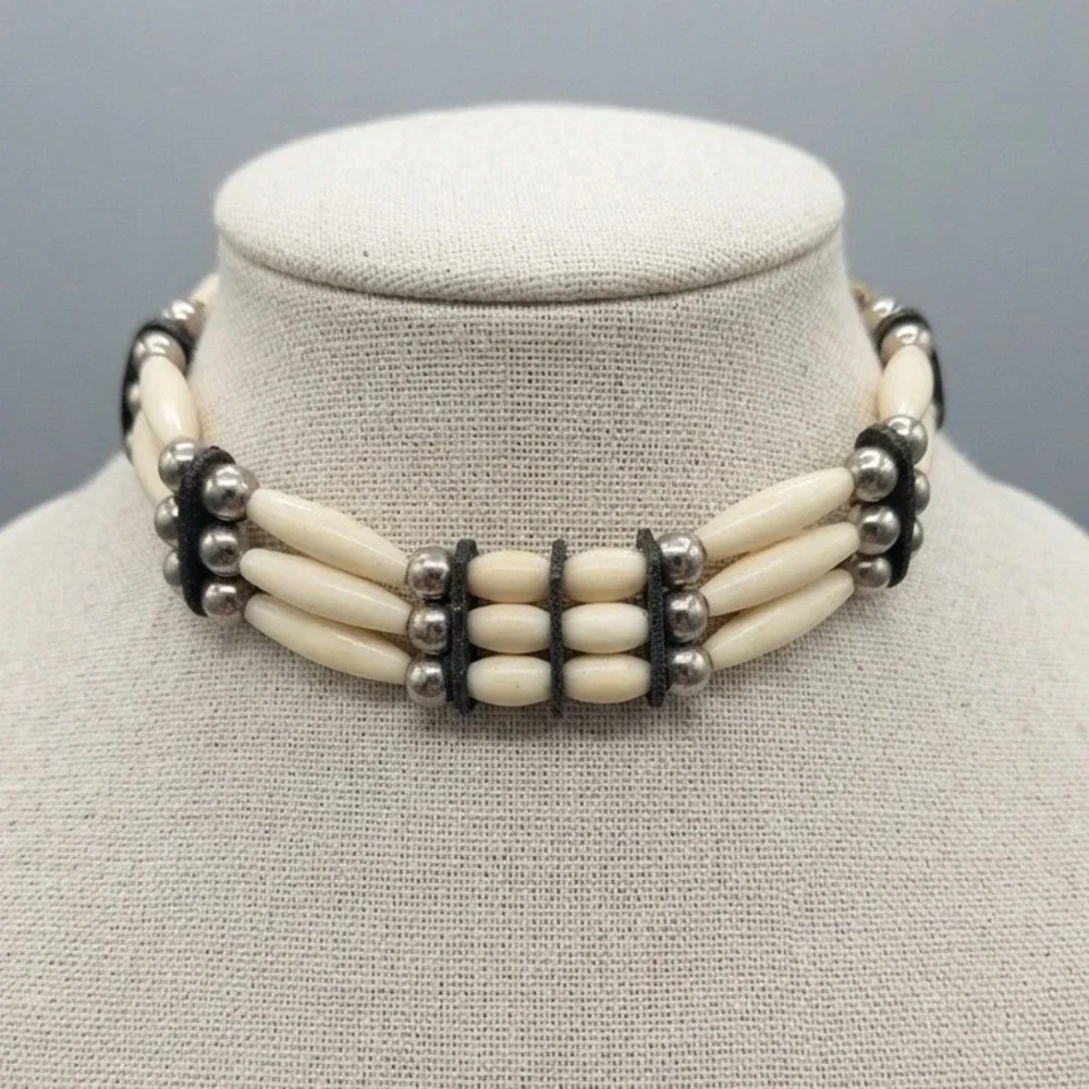 Vintage Tribal Style 3 Strand Bone Hairpipe Choker Necklace Silver Tone Beads